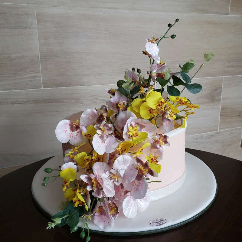 Bolo rosa com cascata de orquídeas rosa, brancas e amarelas e folhas verdes, sobre base branca.