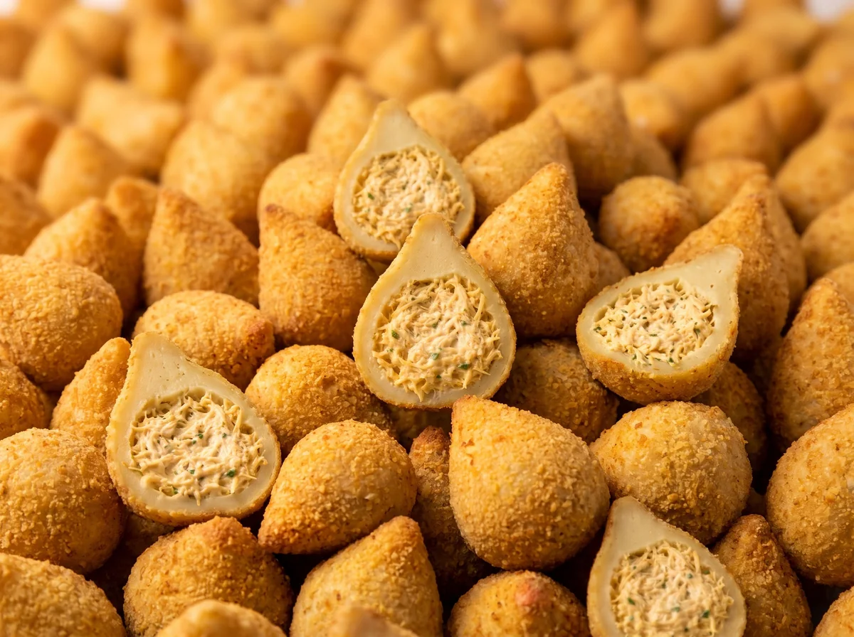 Coxinhas inteiras e abertas.