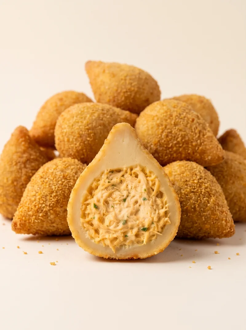 Grupo de coxinhas com uma metade aberta em primeiro plano.