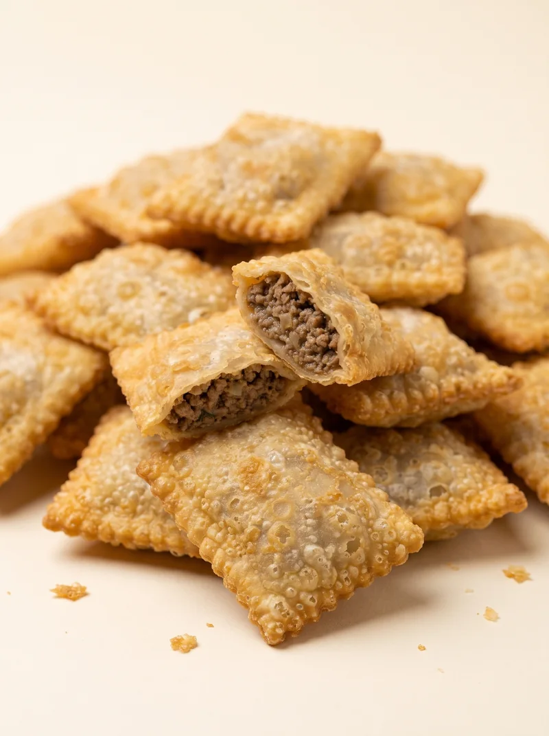 Pastéis com recheio de carne visível.